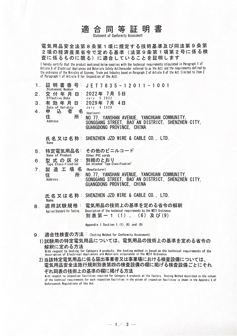 建圳達(dá)PVC電纜的日標(biāo)PSE認(rèn)證證書