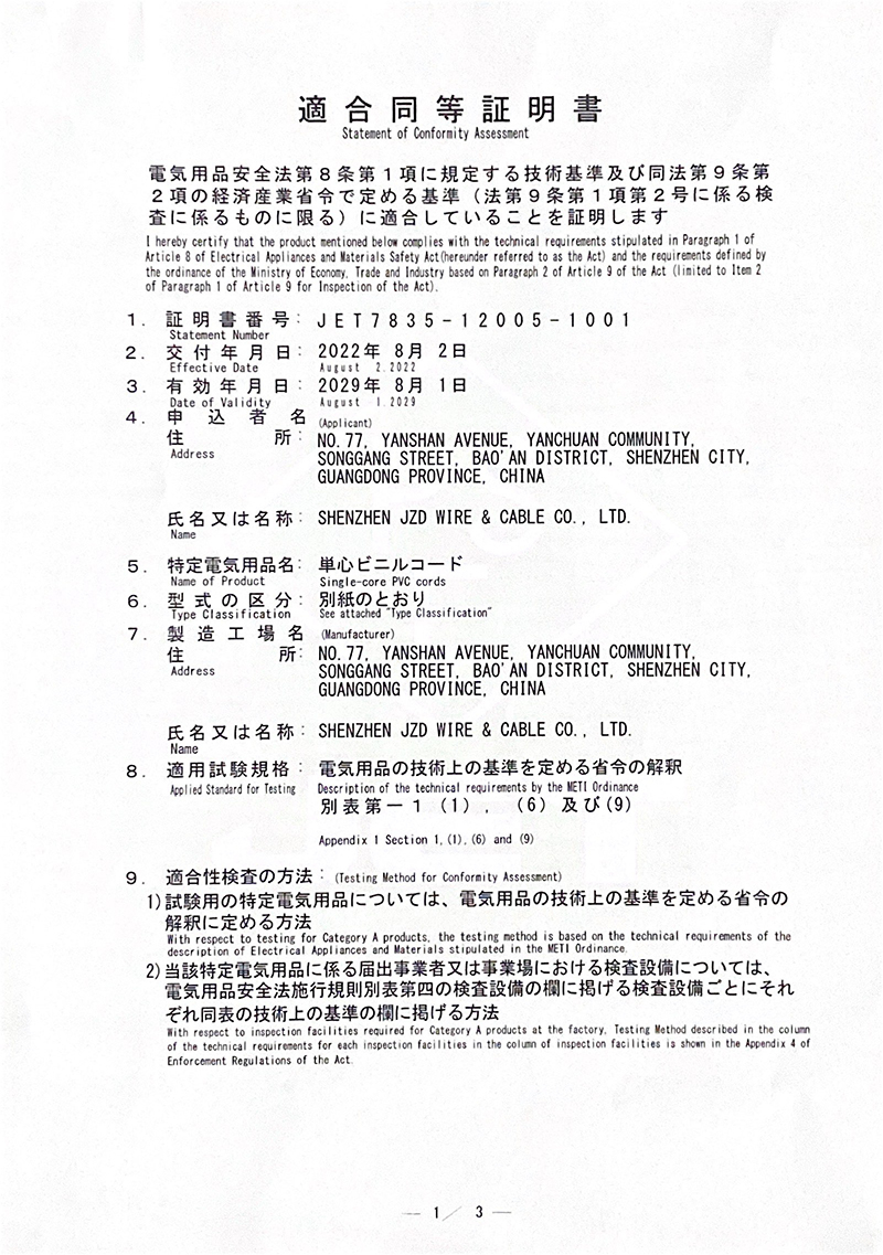 建圳達(dá)單芯電子線和雙芯電子線日標(biāo)PSE認(rèn)證證書